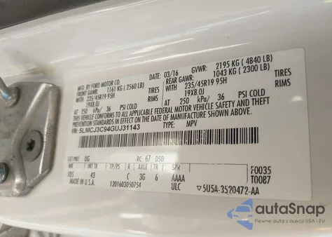 2016 Lincoln Mkc Reserve z USA, uszkodzony, nr VIN 5LMCJ3C94GUJ31143